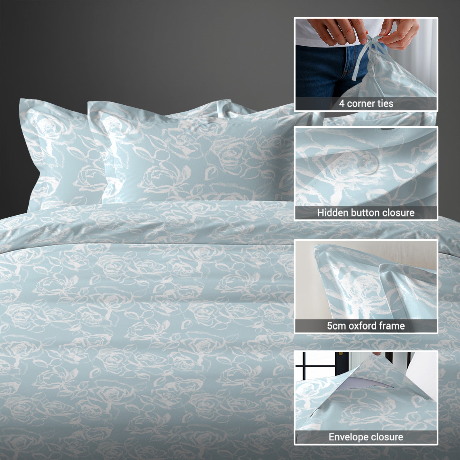Pizuna Linens single size cotton duvet cover with hidden button closure corner ties and Oxford pillowcases
